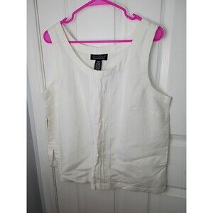 Dialogue Woman L Linen Blend Off White Tank Crochet Trim Side Slit Breathable